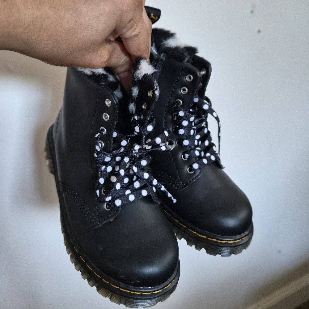 Dr. Martens Black Kids Boots with Polka Dot Laces